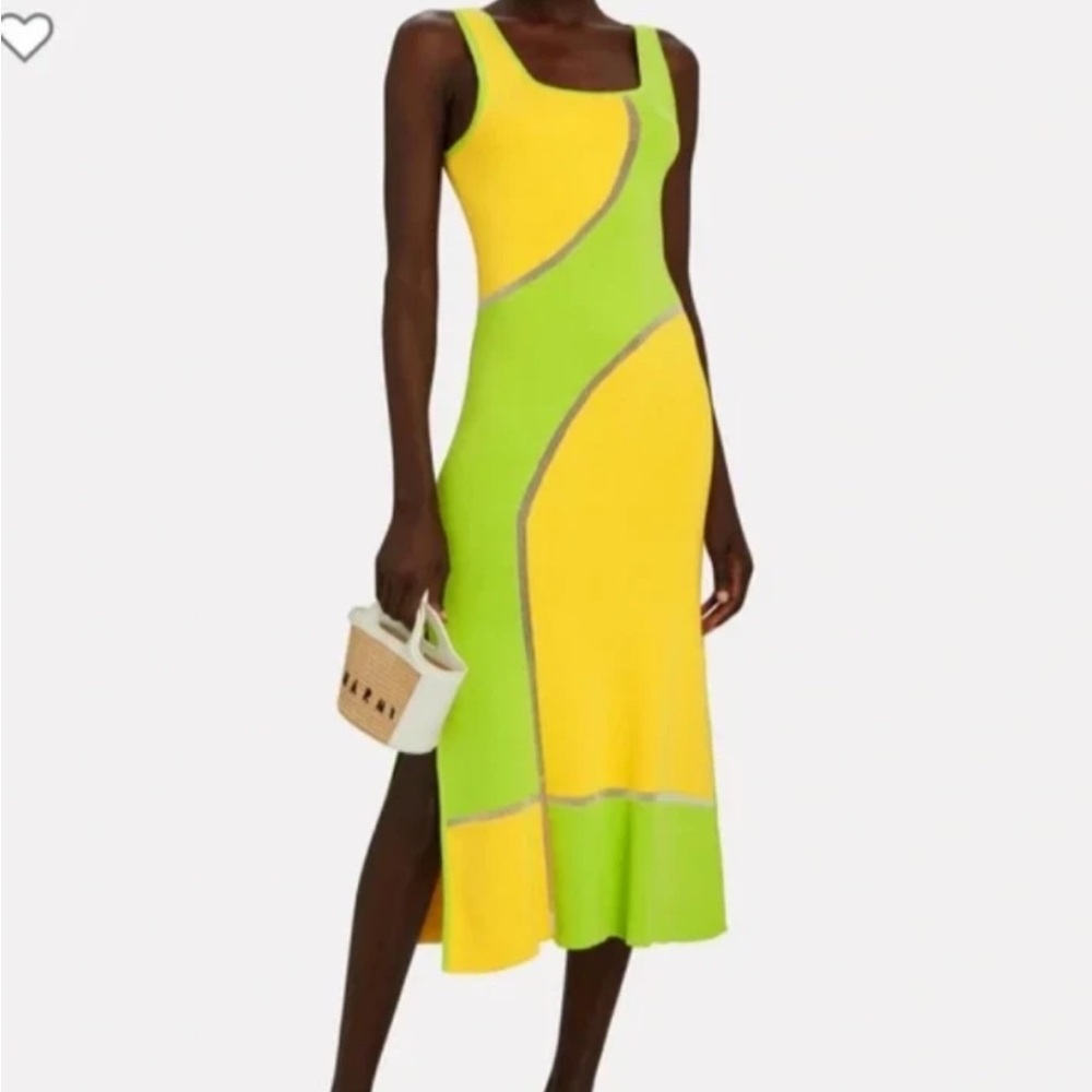 STAUD Yellow and Lime Colorblock Knit Midi Dress